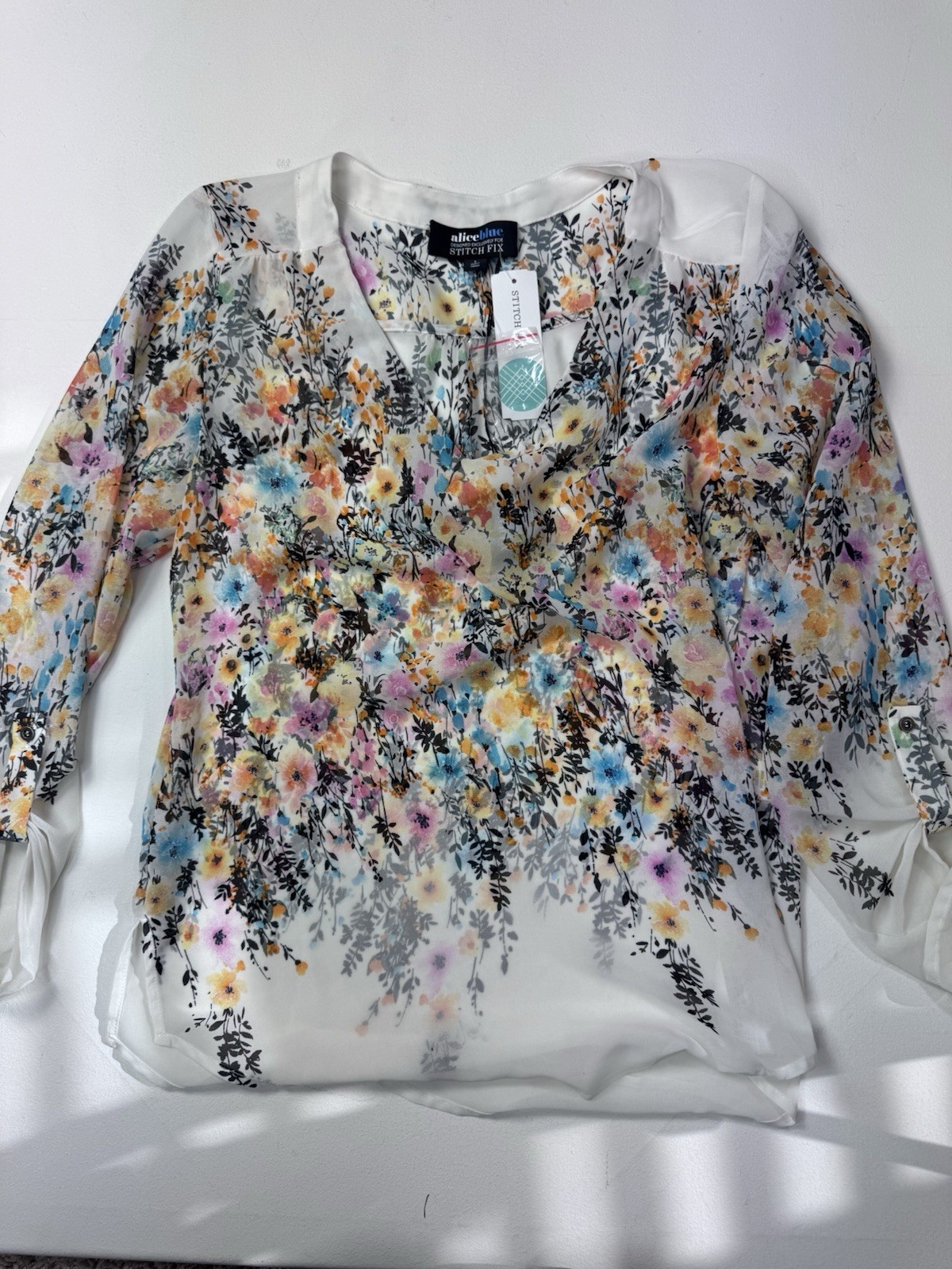 Alice Blue Zinnia V Neck Floral Blouse Watercolor Print Semi Sheer NWT Sz L