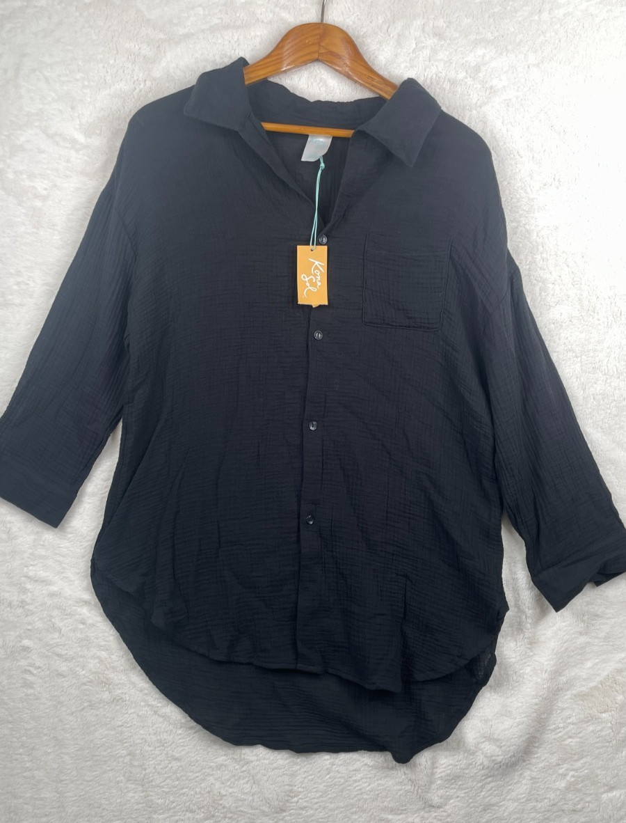 Kona Sol Black Cotton Gauze Button Up Beach Cover Up Shirt Womens Small NWT