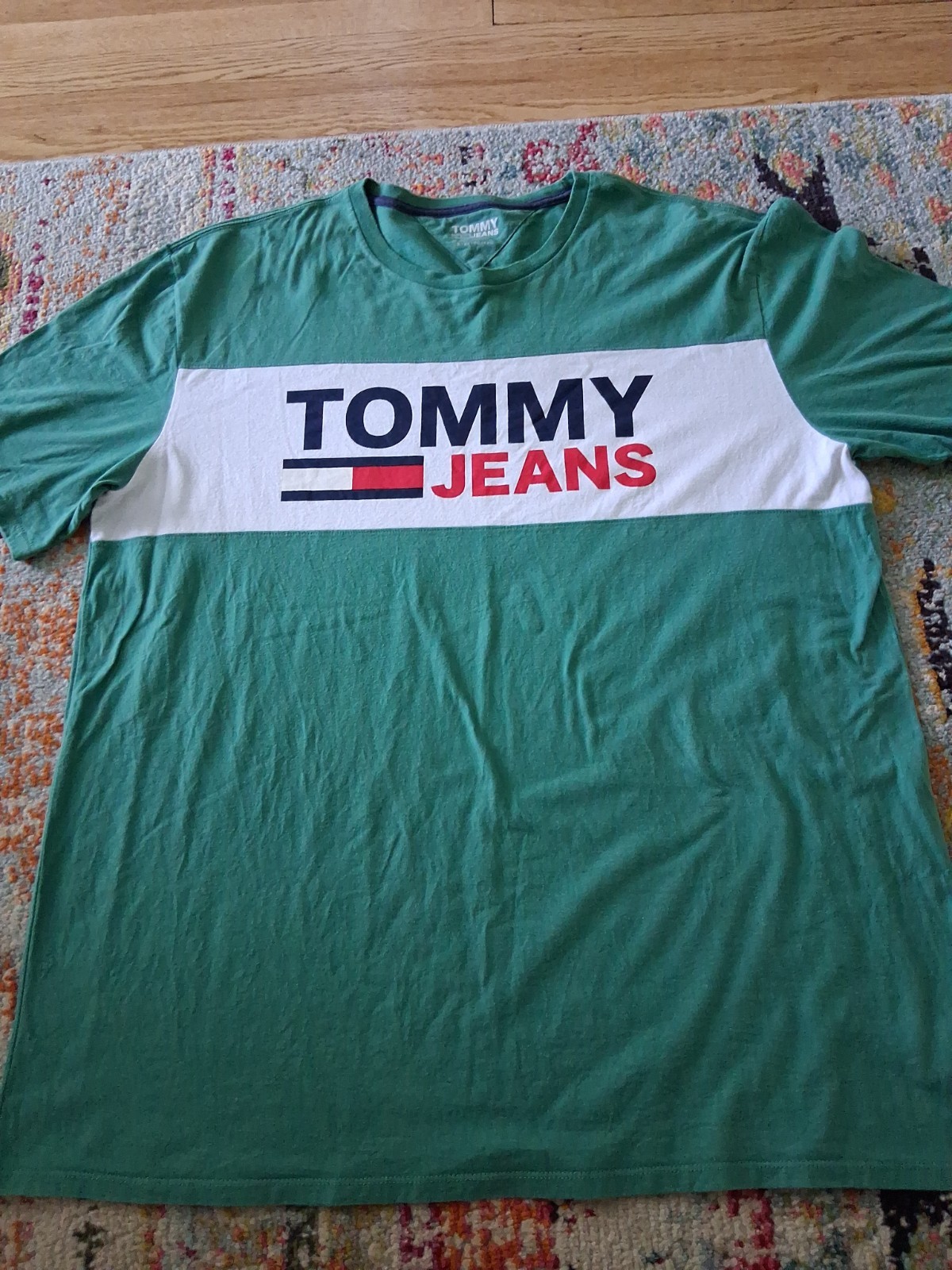 Tommy Hilfiger GREEN/Red/Multi Color Block 100% Cotton T-Shirt LOGO Size XXL