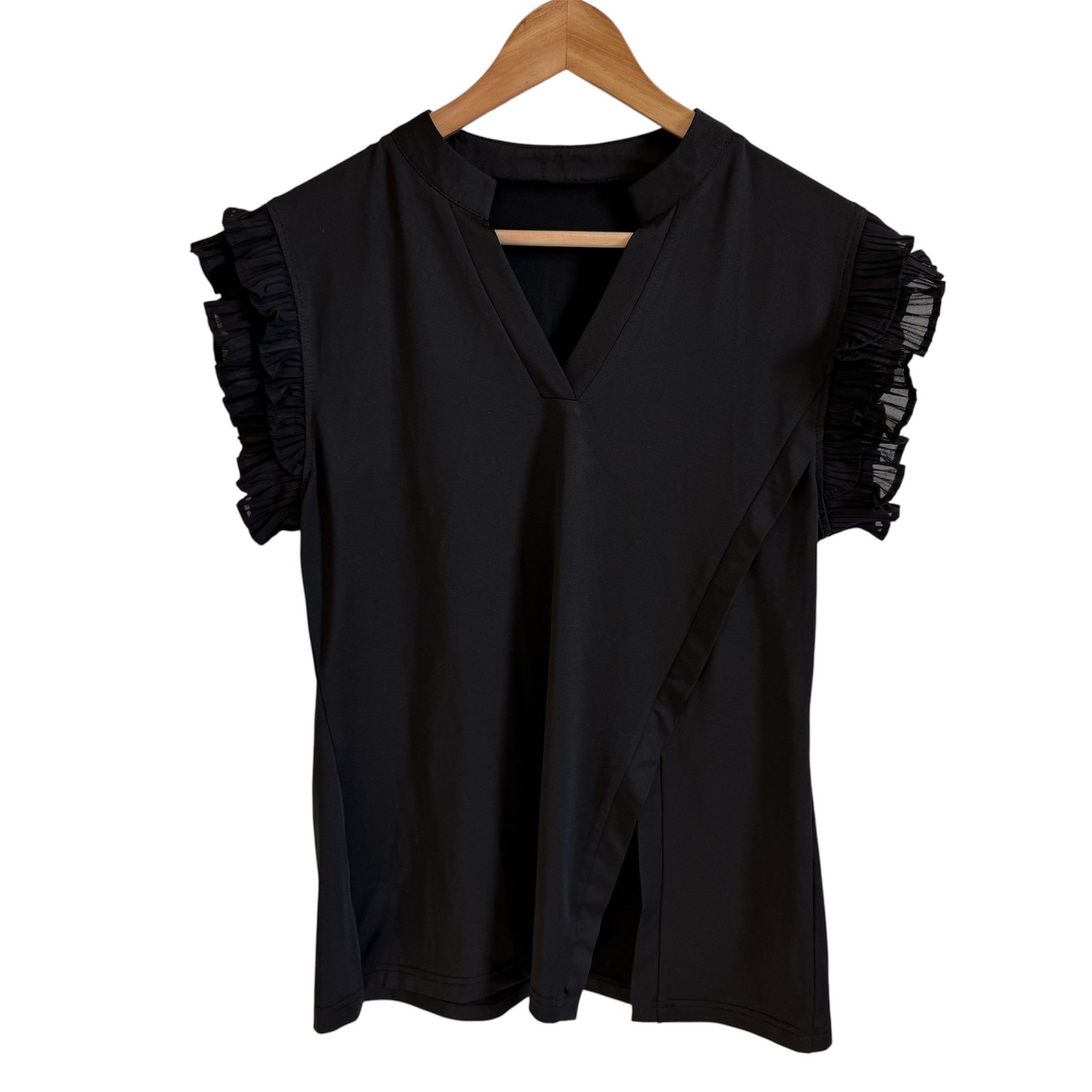 Black Ruffle Sleeve Top V-Neck Slit Asymmetrical Blouse Women’s Size L