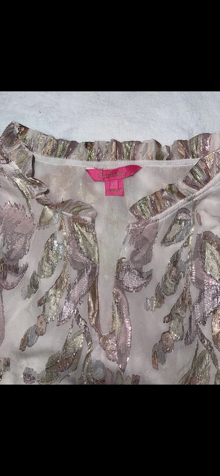 Lilly Pulitzer Pink Gold Metallic Floral V-Neck Blouse 12