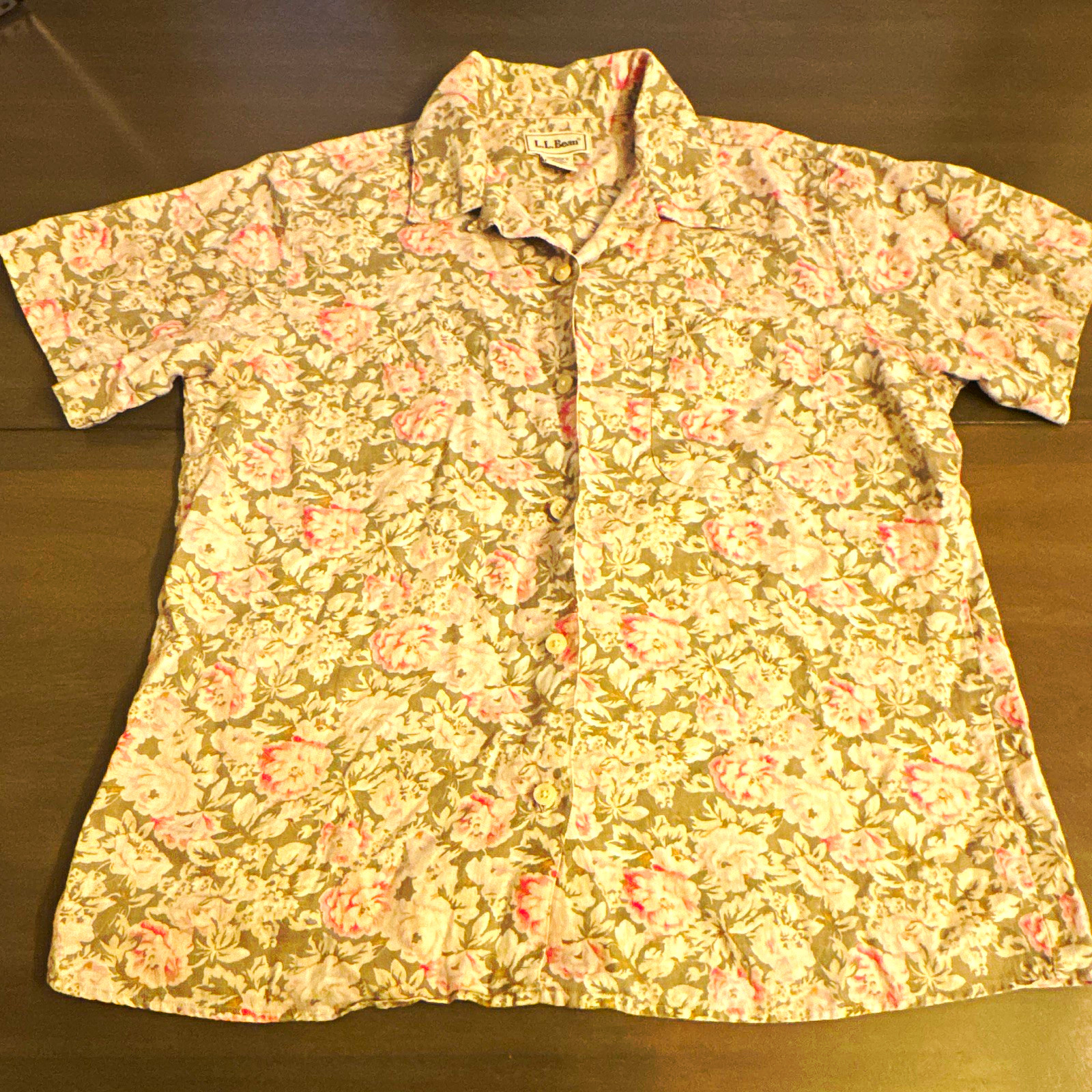 L.L.Bean Womens S Linen Floral Button-Up Shirt Gray Pink White Collared