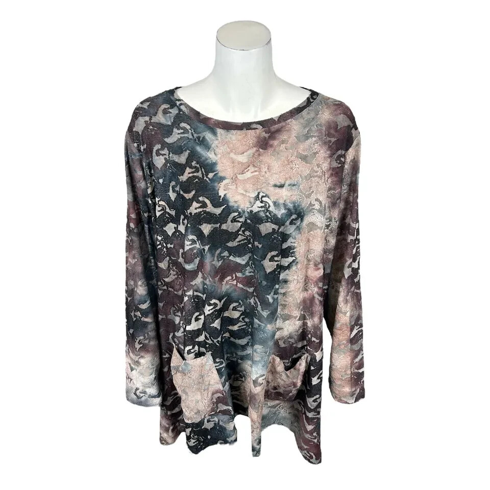 Lori Goldstein Knit Tie-Dyed Jacquard Long Slv Top-Neutral Multi-Small-A388969