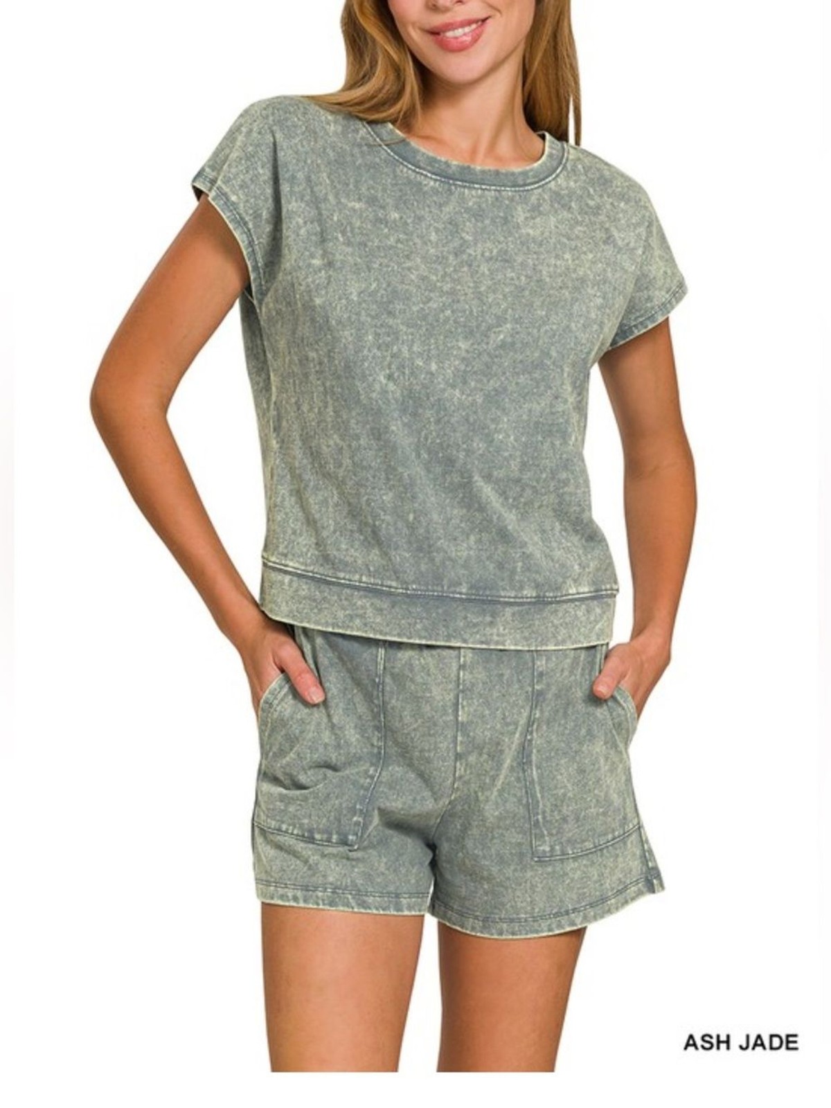 ZENANA PREMIUM COTTON WASHED SLEEVELESS TOP & SHORTS SET SIZE MEDIUM ASH JADE
