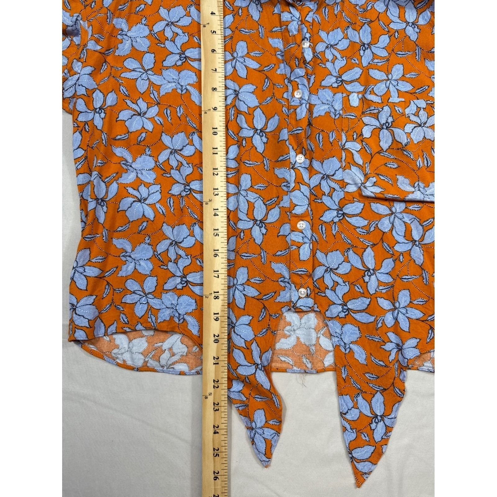 Jessica Simpson Womens XL Orange Blue Floral Tie Front Button Down Blouse Top