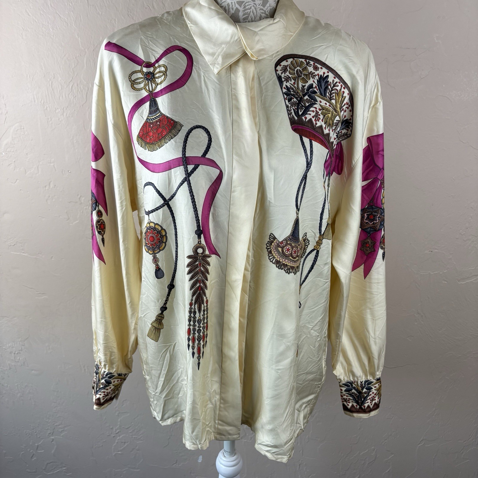 Vintage Escada Margaretha Ley Silk Printed Shirt With Bow Flower Print Large XL
