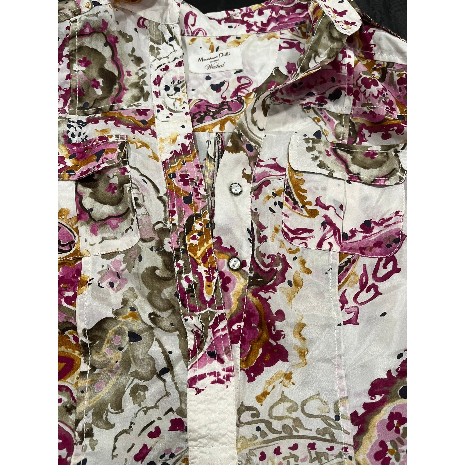 Massimo Dutti Woman Washed Paisley Print Button Down Shirt Pink Gold Boho Top