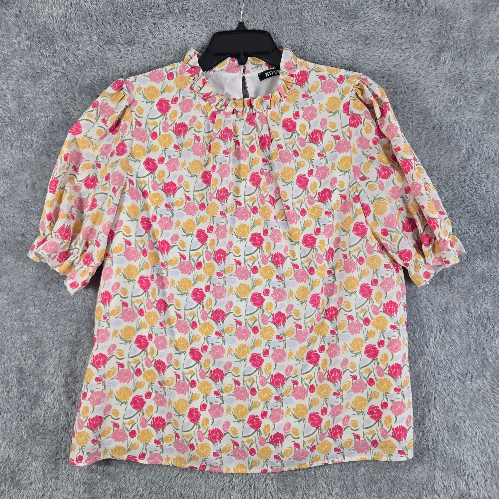 BTFBM Womens Floral Tulip Print Mock Neck Blouse Pink Yellow White Size L