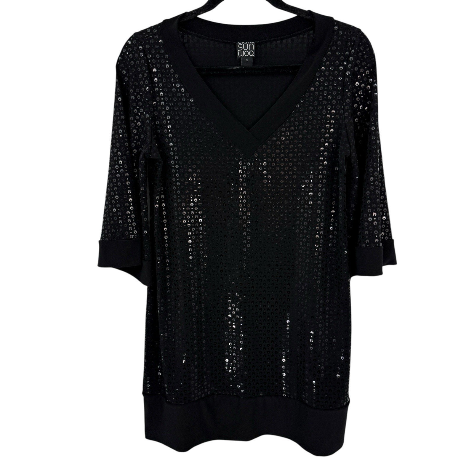 Clara Sun Woo Tunic Small Black Shiny Circles 3/4 Flare Sleeve Arsty Party