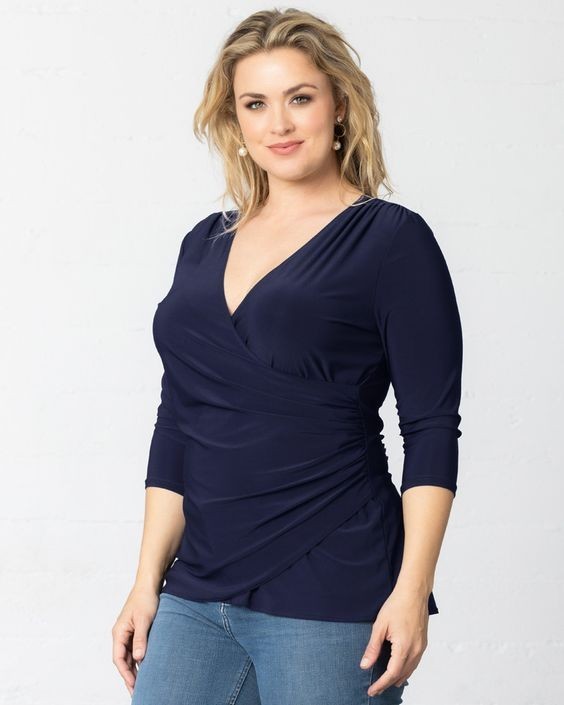 Kiyonna Femme Fatale Navy Blue Top Size 10 12 Faux Wrap Dark Romantic Feminine