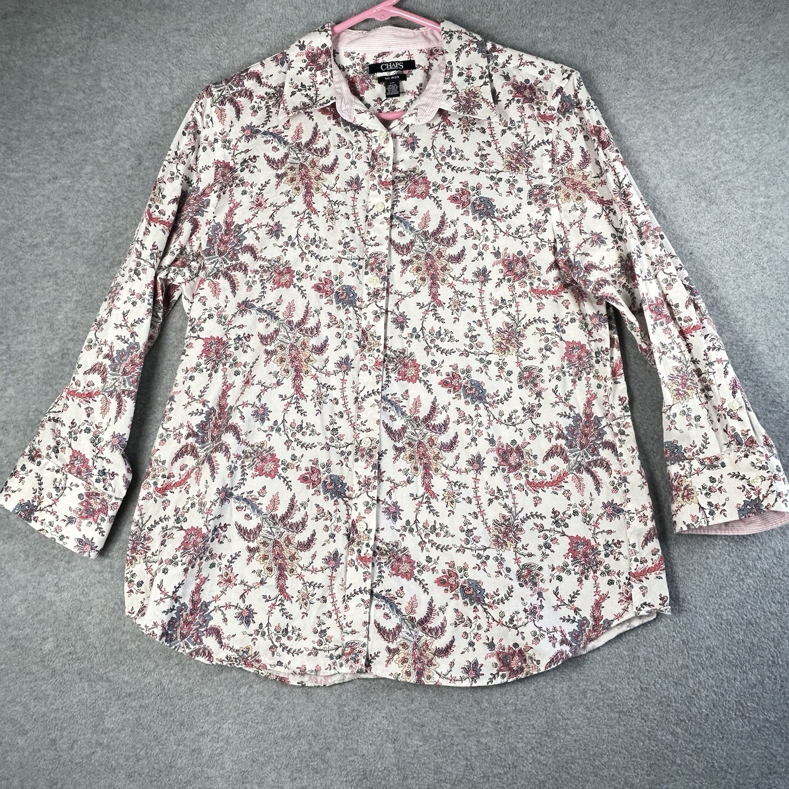 Chaps No Iron Shirt Blouse Pink White Floral 3/4 Sleeve Button Up Size Large