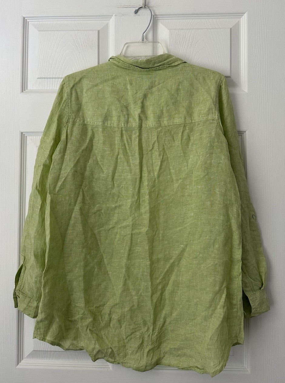 SIGRID OLSEN 100% Linen Green Long Rolled Sleeve Button Down Shirt Plus