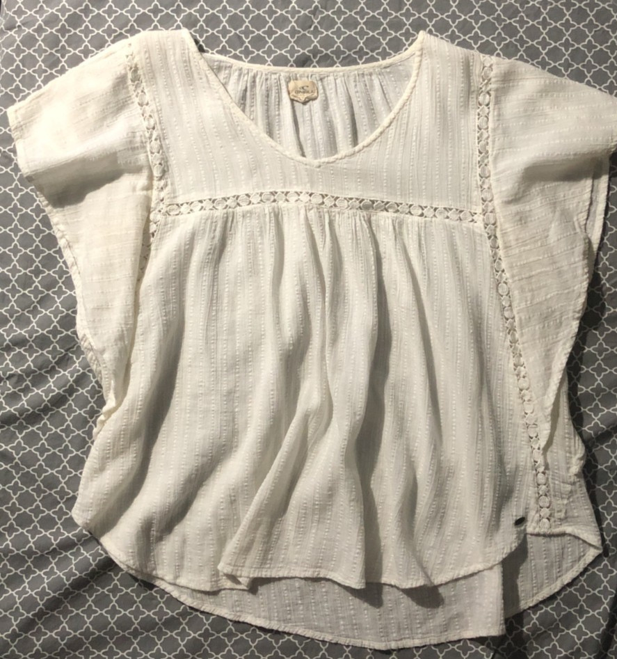 O’neill top flutter sleeve crochet trim beige BOHO flowy blouse size XL