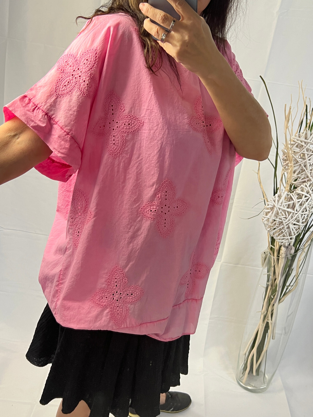 Italy new collection shirt blouse pink wash blogger size 38 40 42 44 eyelet embroidery