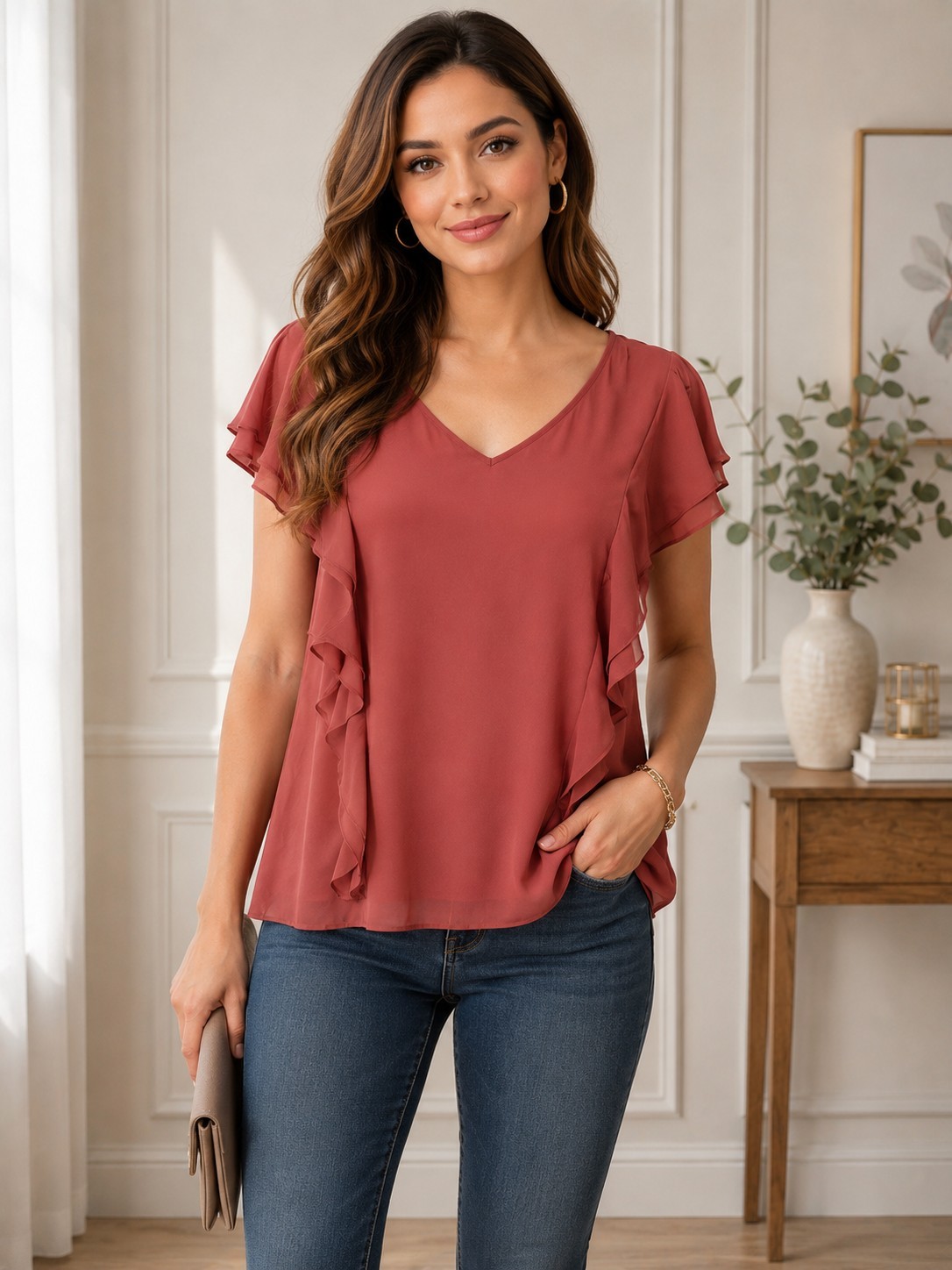 Jennifer Lopez Women’s Rust Ruffle Blouse Size Small