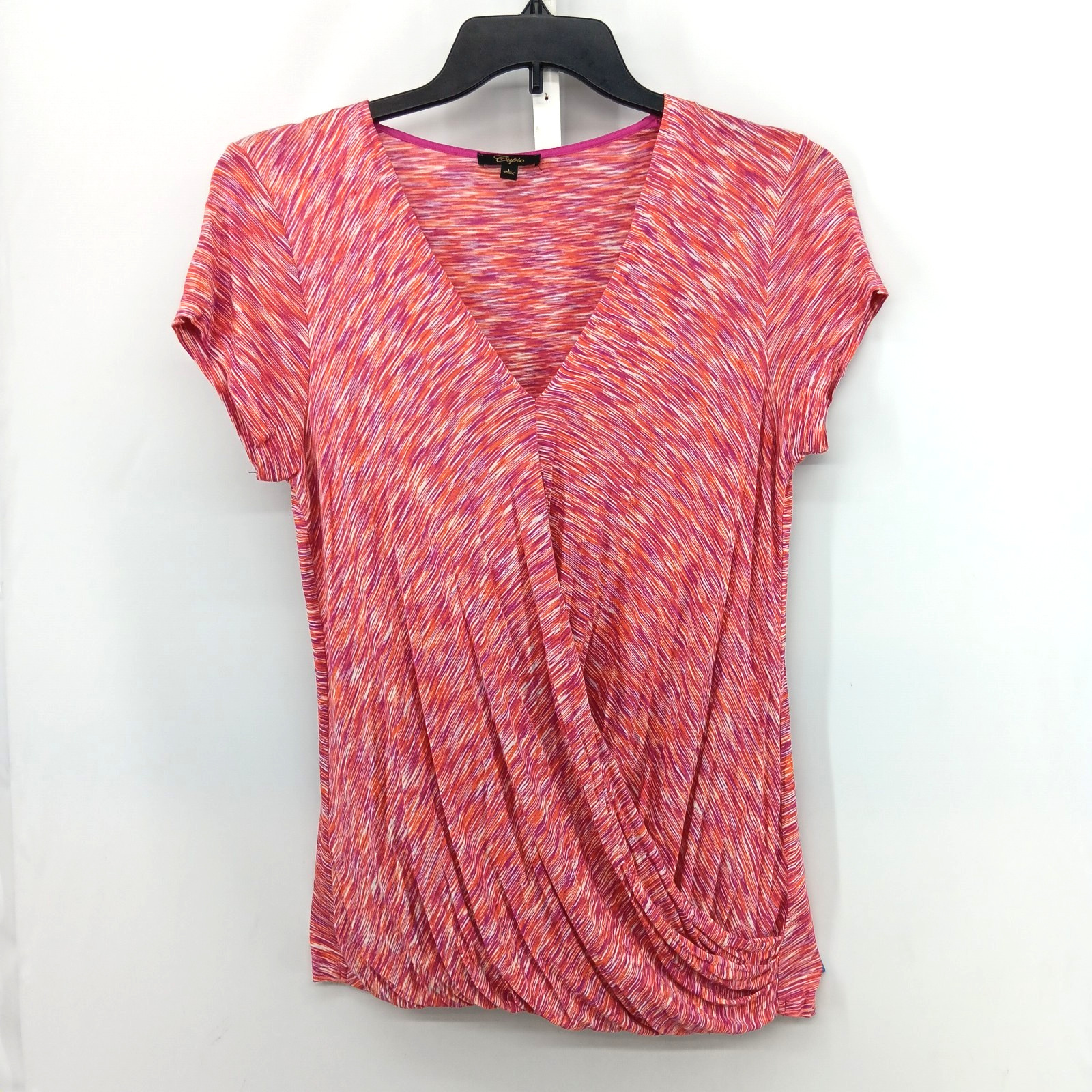 Cupio Shirt Women Large Orange Pink Crossover Front Cap Sleeve Casual Top