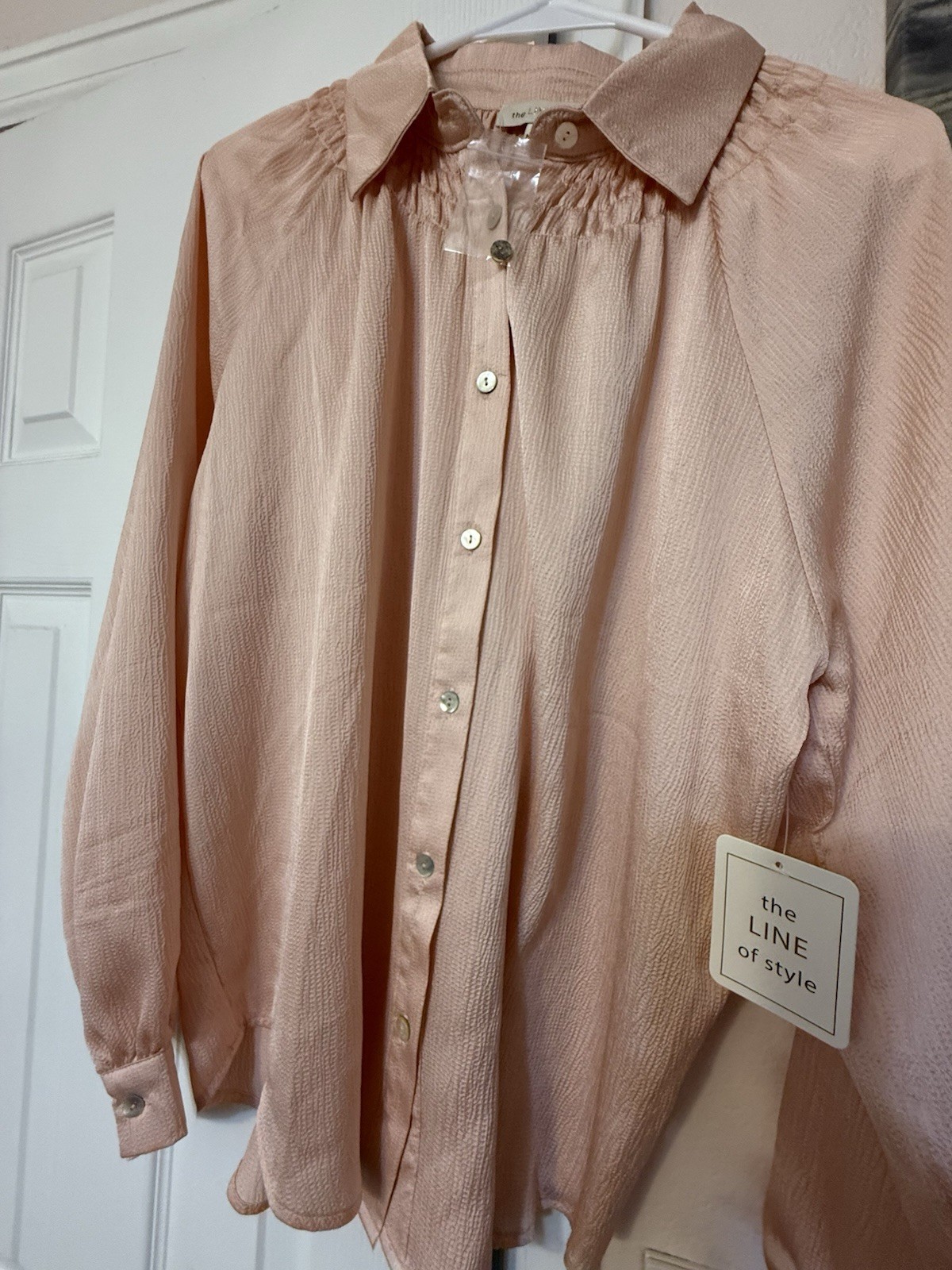 Women’s L Long Sleeve Blouse Button-Up, Solid Pink. Perfect for any occasion.