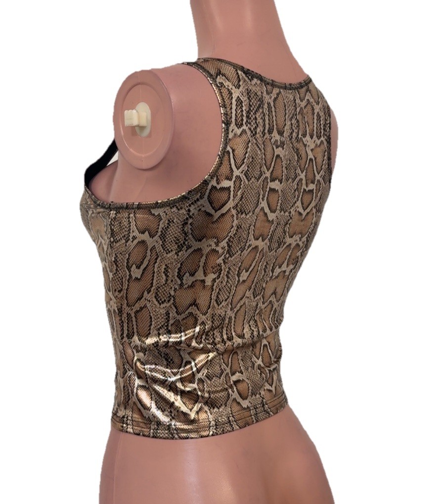 Brown Faux Leather Crop Snake Print Fitted Tank Top S New Going Out Festival