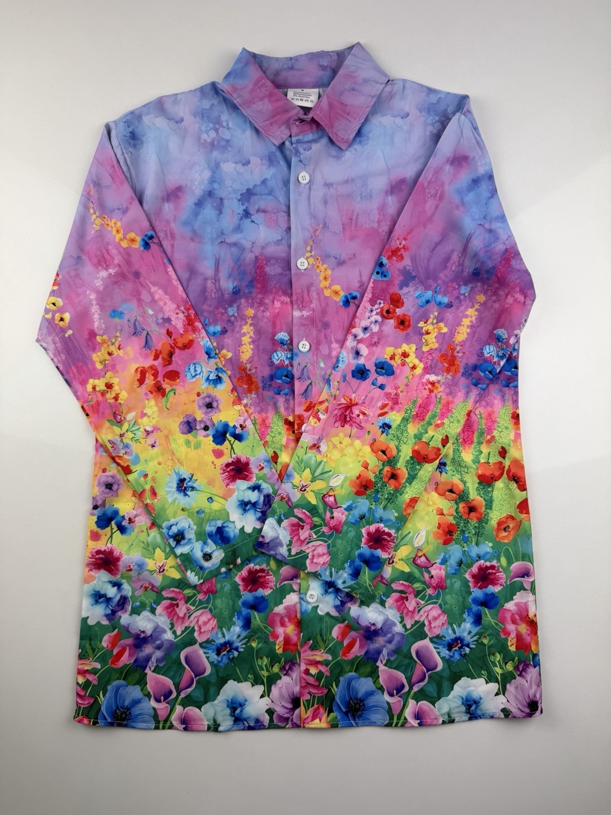 Women’s Colorful Floral Button Up Blouse Small Watercolor Garden Print Shirt