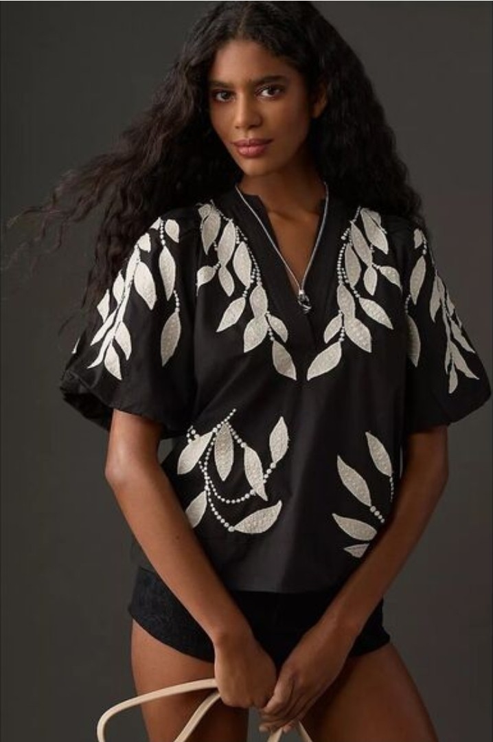 Anthropologie Embroidery Top Women’s Sz S Applique Fuff Sleeve SS Cotton Blk Wht