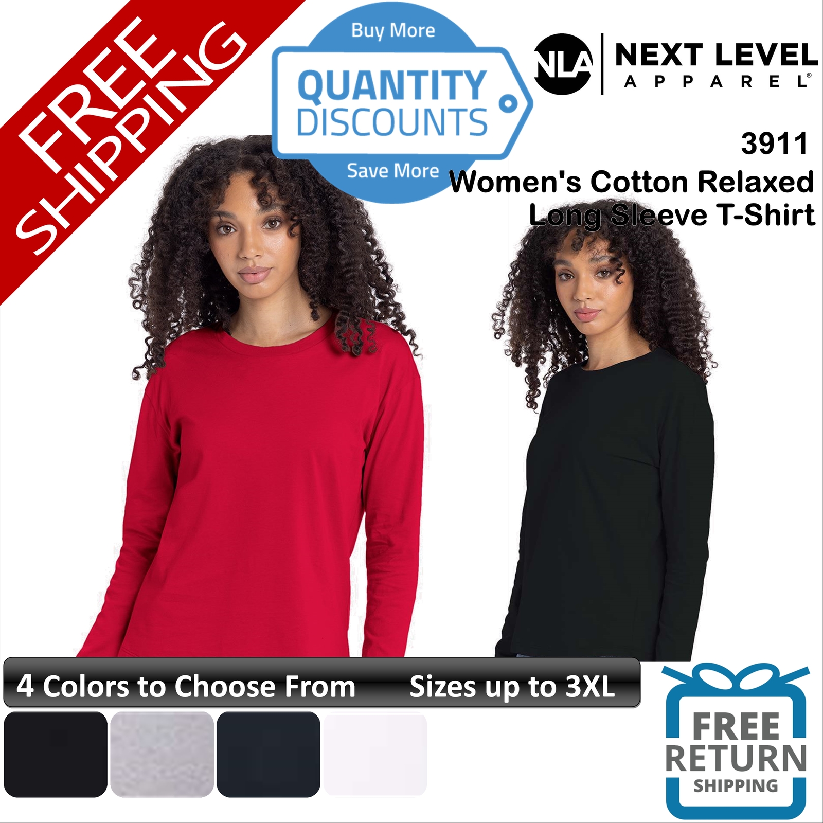 Next Level Women Cotton Relaxed Long Sleeve T-shirt Relaxed Fit Up To 3XL 3911