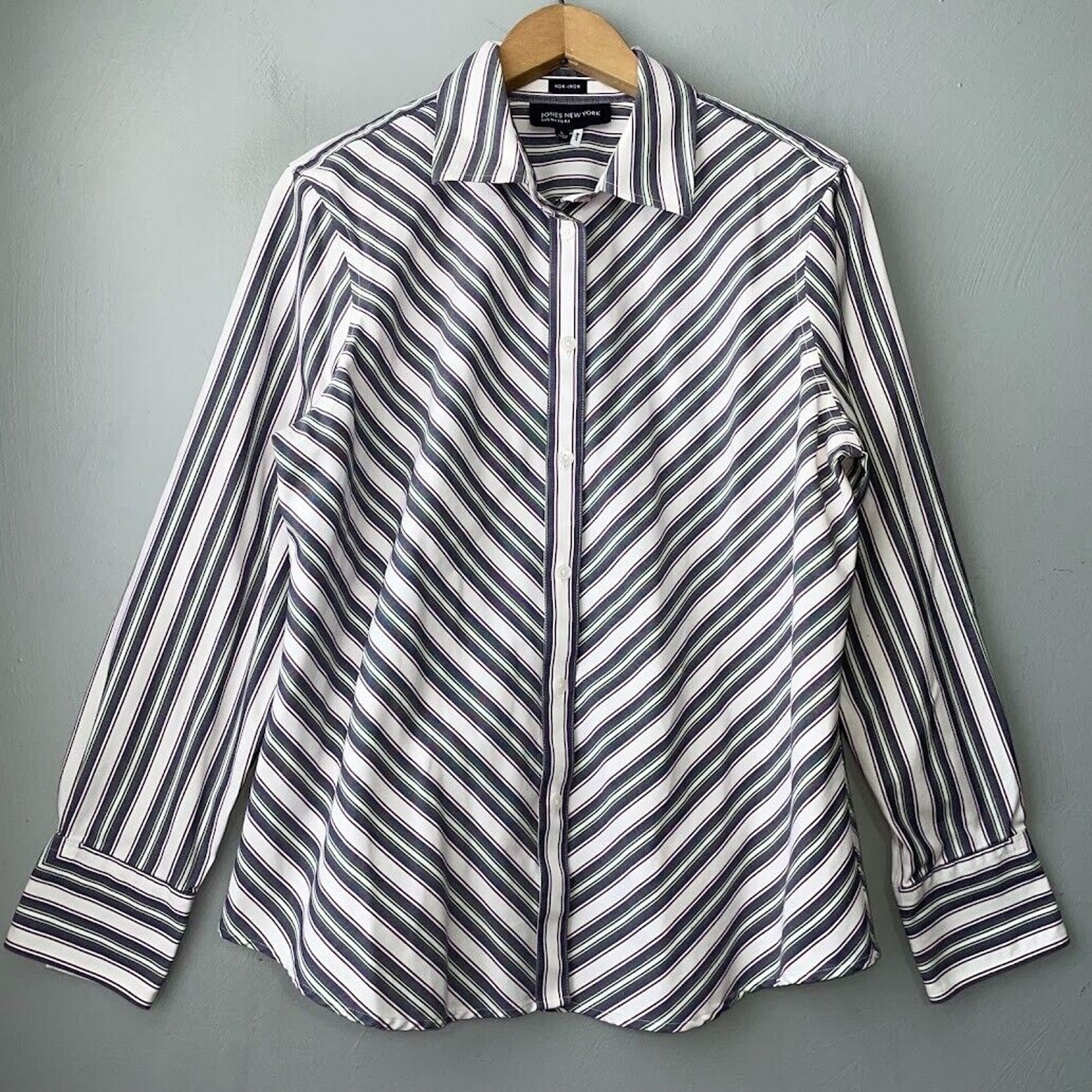 Y2K Preppy Button Up Shirt Size Large Striped Easy Care Non Iron Oxford Office