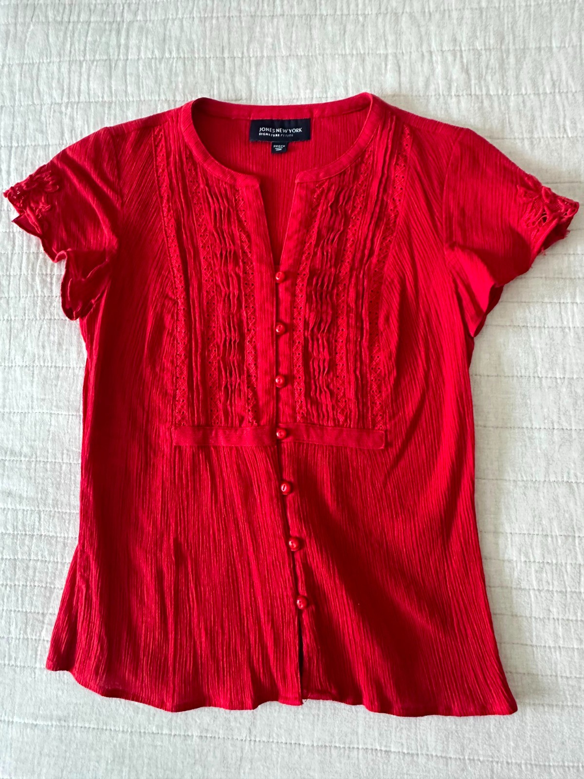 Jones New York Petite PP Red Cotton Romantic Pintuck Lace Flutter Sleeve Blouse