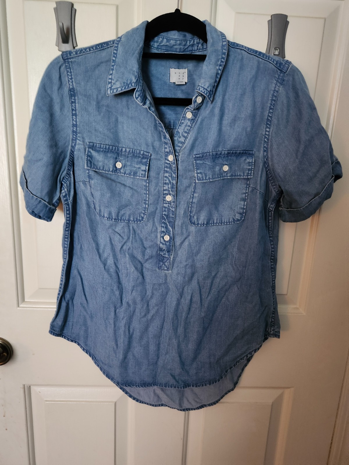 A New Day Blue Short Sleeve Button Front Shirt Blouse Size Small