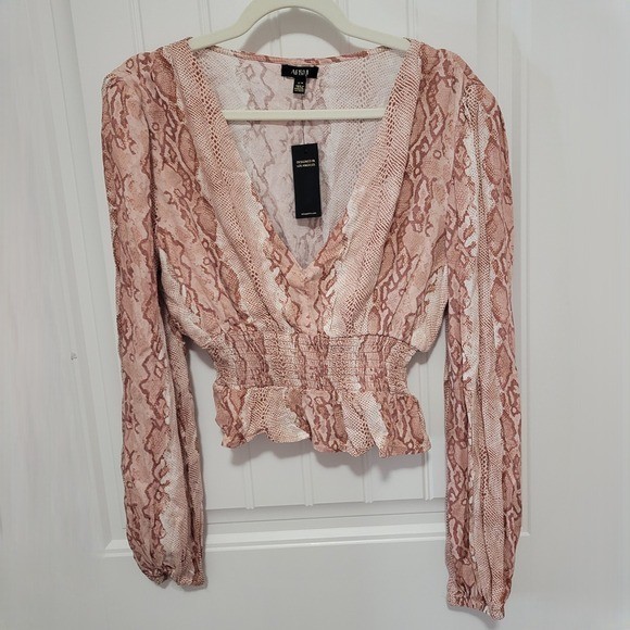 NWT AFRM X Nordstrom The Olive Long Sleeve Smocked Top In Soft Warm Snake Size S