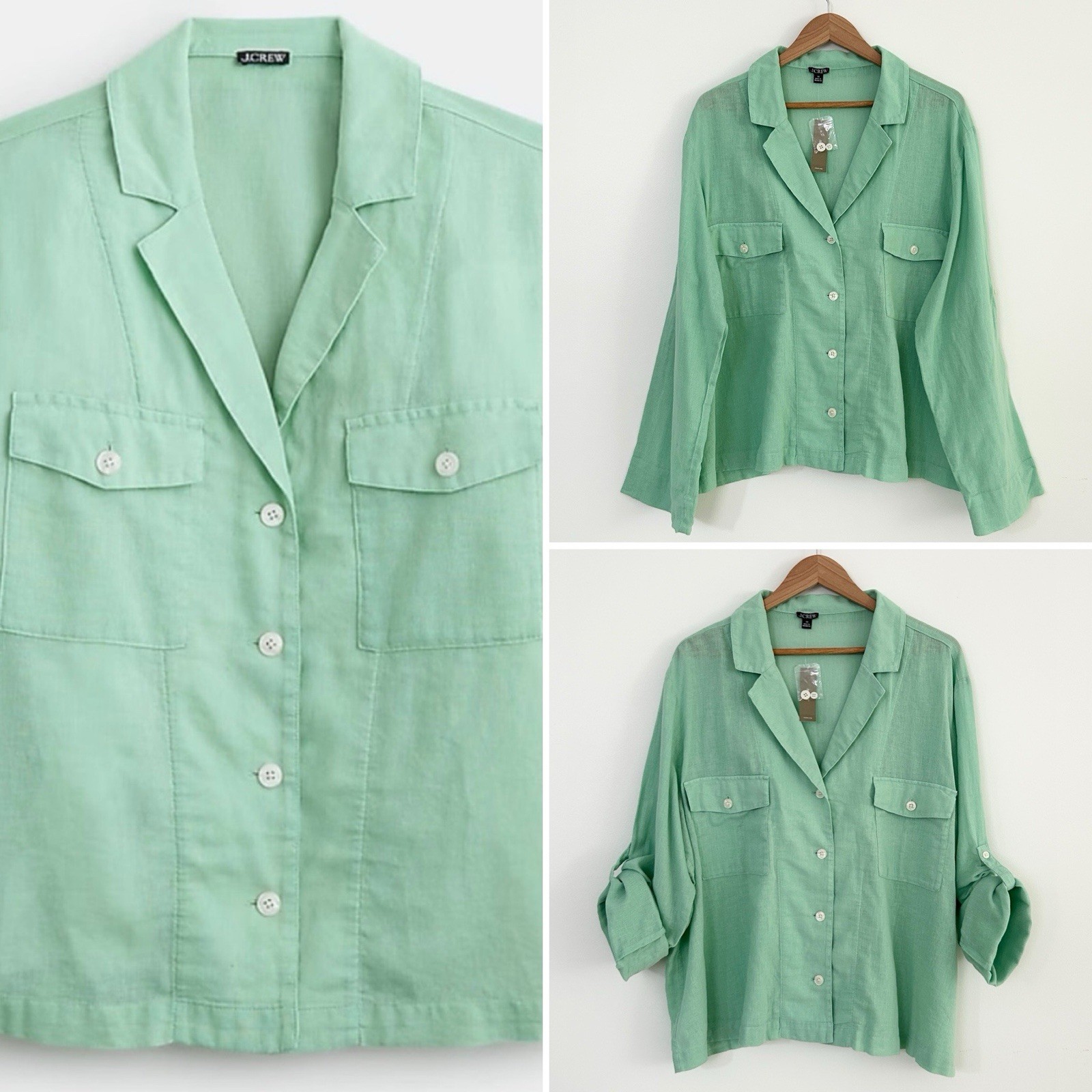 J. Crew 20 Green Camp Collar Linen Cotton Blend Roll Tab Featherweight Shirt NWT