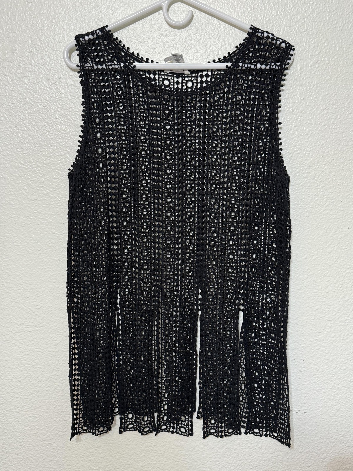 Crochet Tank Top Womens Large Black Sleeveless Sheer Lace Boho Tassels Est 1946