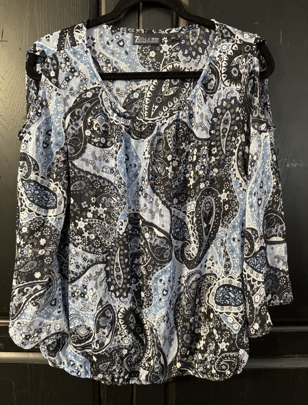 7th Avenue Design Studio NY&Co Blue Black Paisley Chiffon Round Neck Blouse L