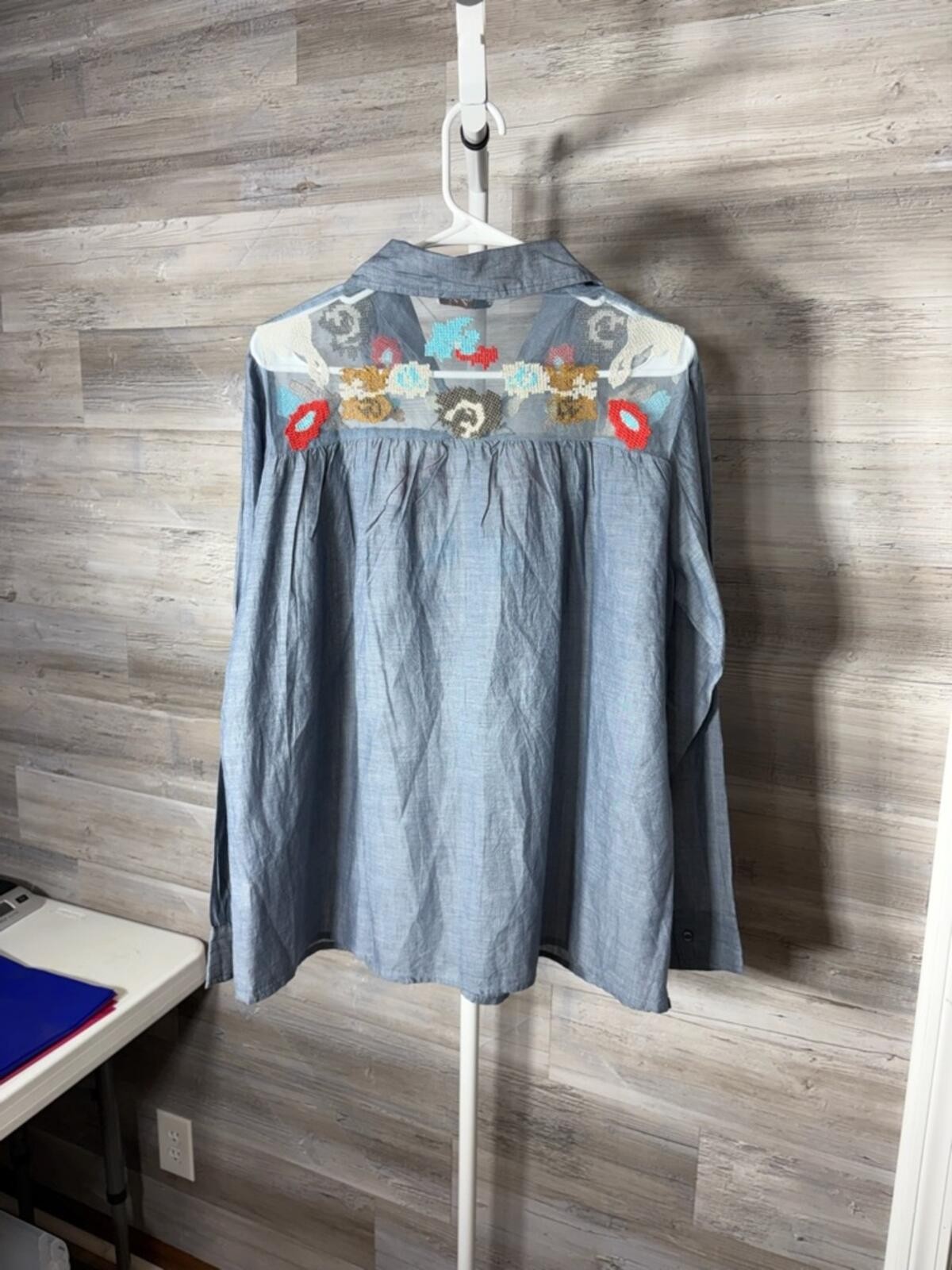 Embroidered Chambray Button-Down Shirt in Light Blue 1864