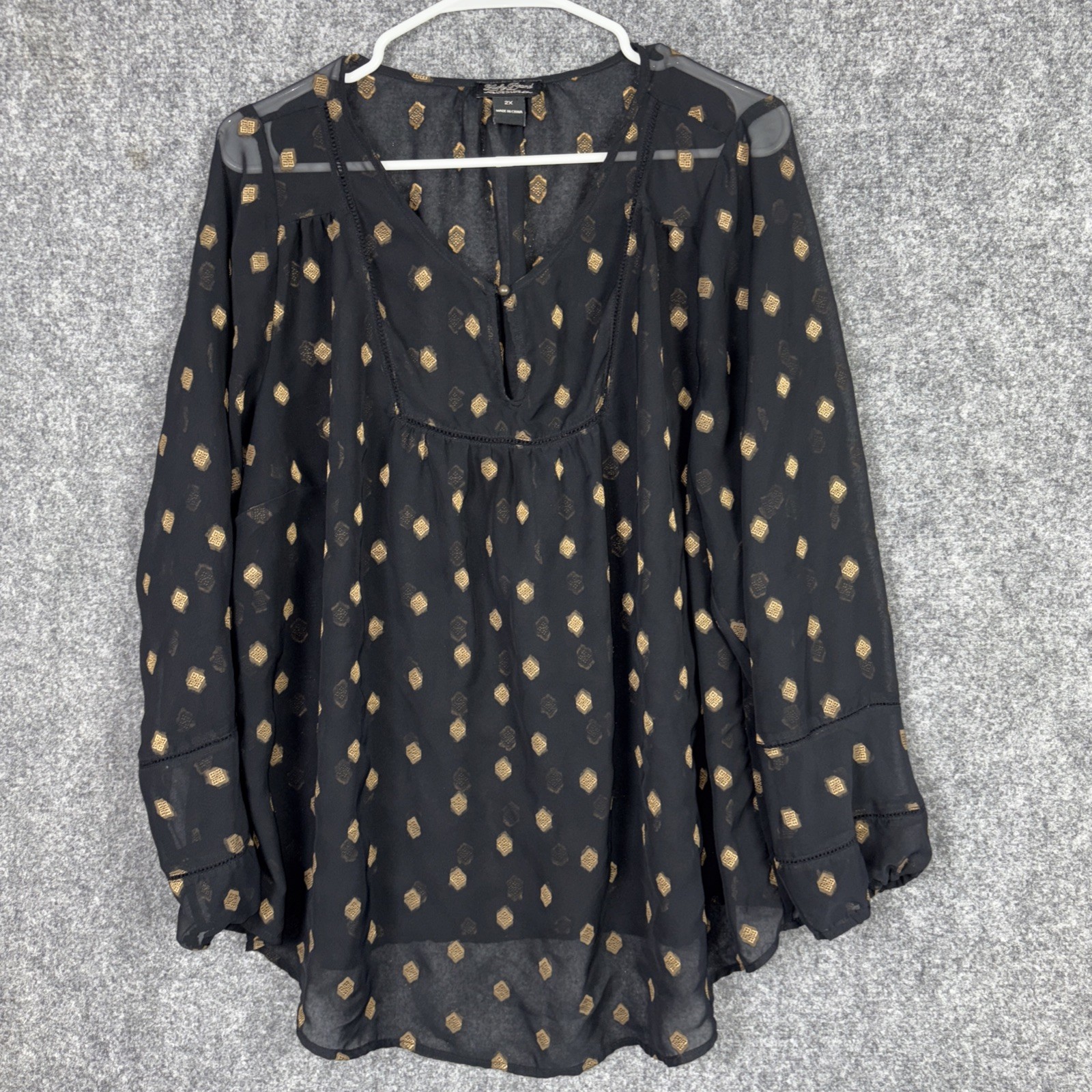 Lucky Brand Shirt Womens Size 2X Black Gold Sheer Boho Whimsy Goth Boho