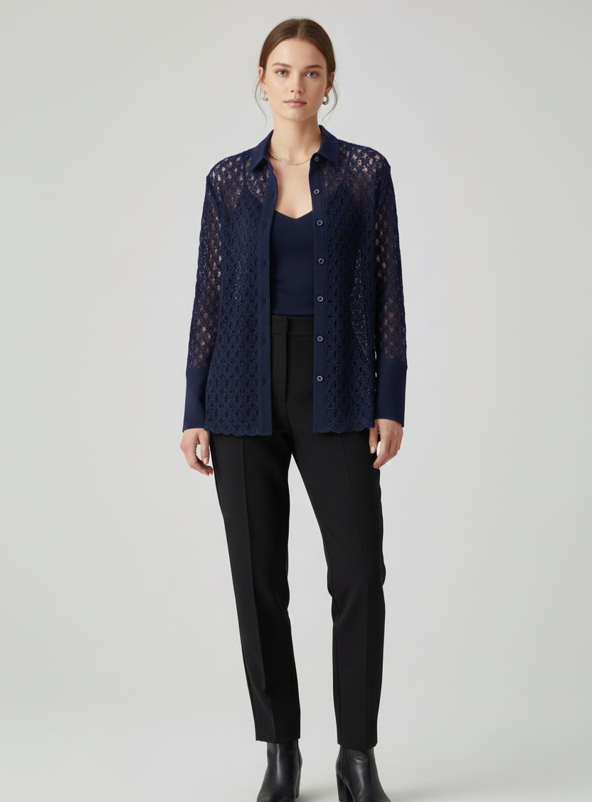 Hilton Hollis Dark Navy Women’s Blouse Lace with Collar Size S $712 NWT