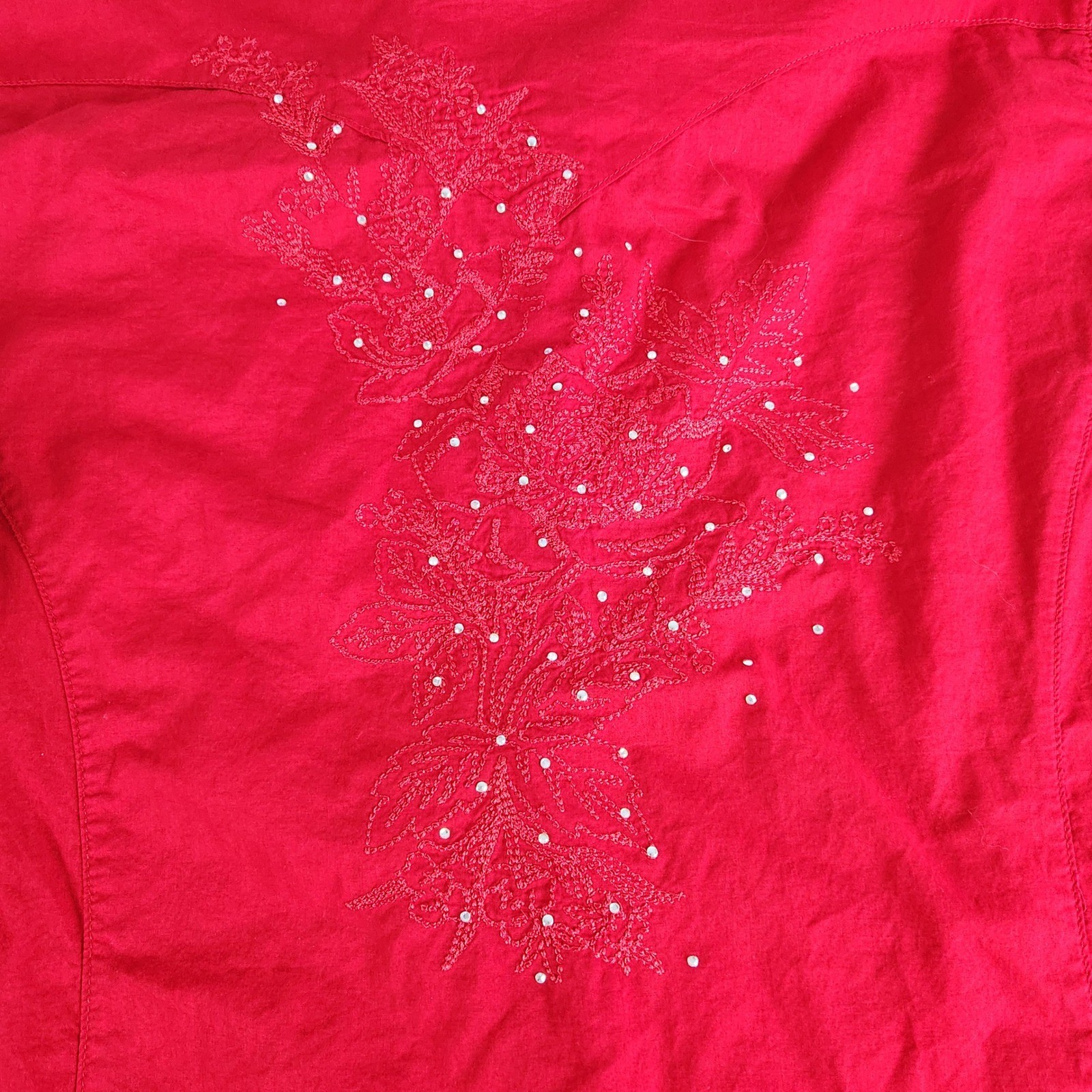 Wrangler Womens Large Red Western Button Shirt Rhinestone Embroidered Lace Cuff