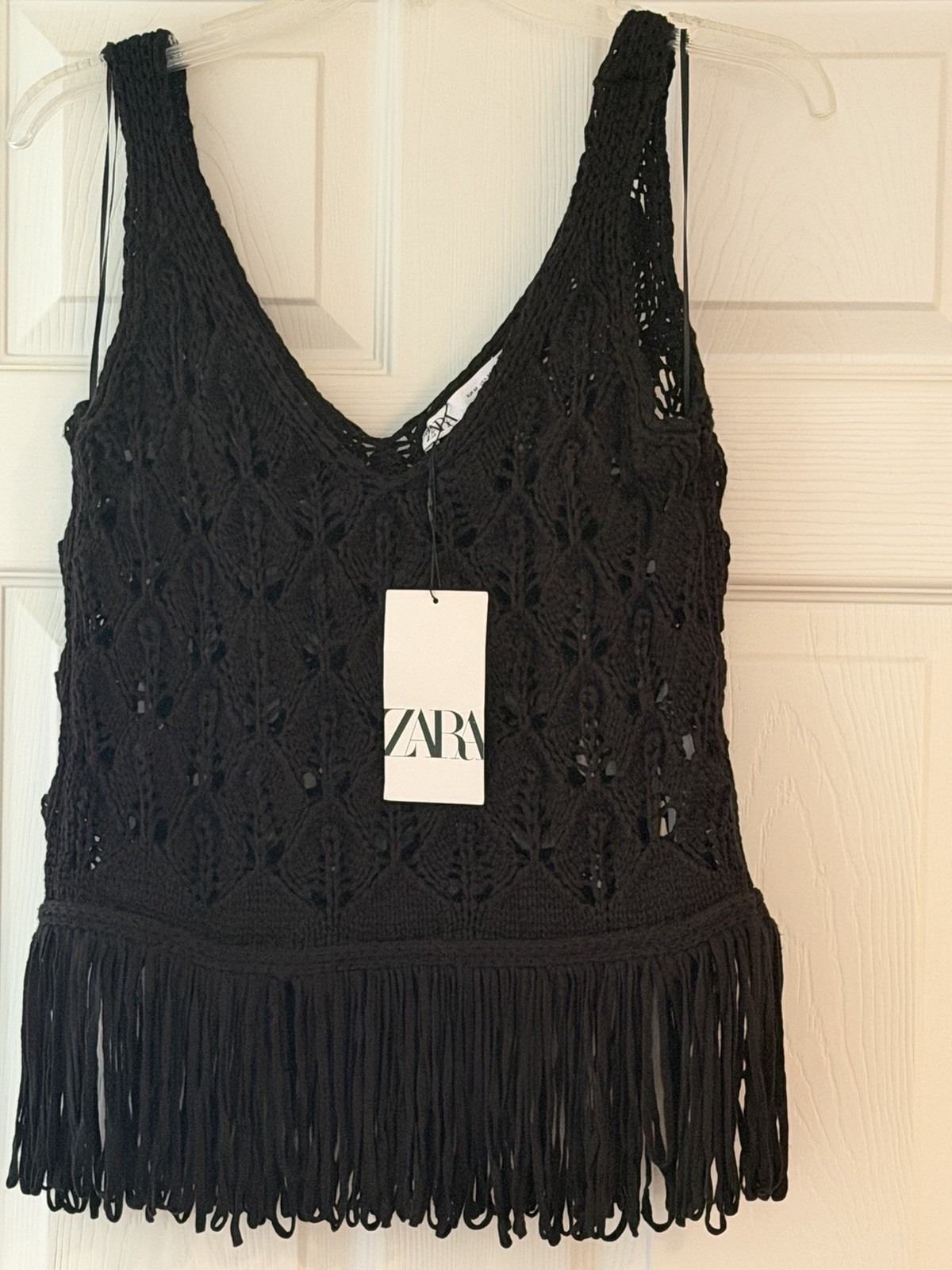 Zara Size M Black Crochet Knit Fringe Waist Tank
