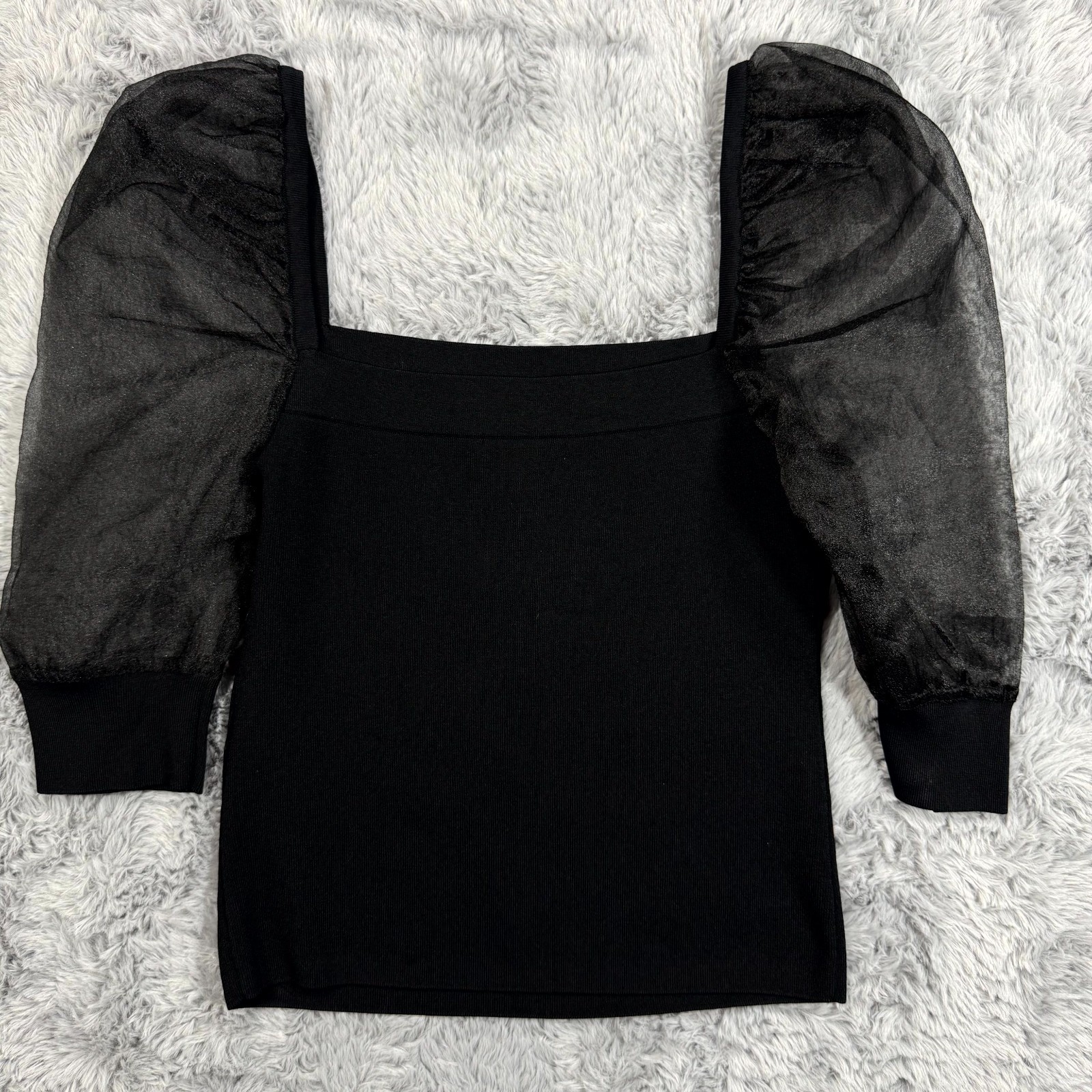 Bar III Blouse Top Women S Black Viscose Puff Mesh Sleeve Travel Party Cocktail