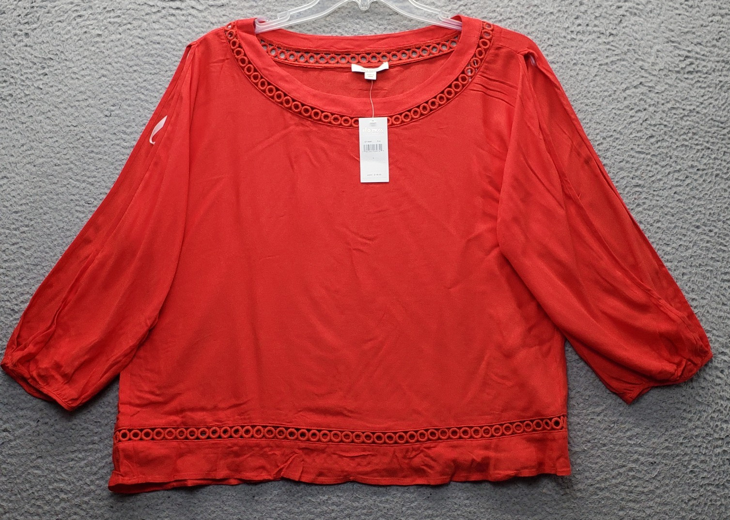 Ella Moss Blouse Top Women Large Red Eyelet Trim Slit Sleeve Round Neck Pullover