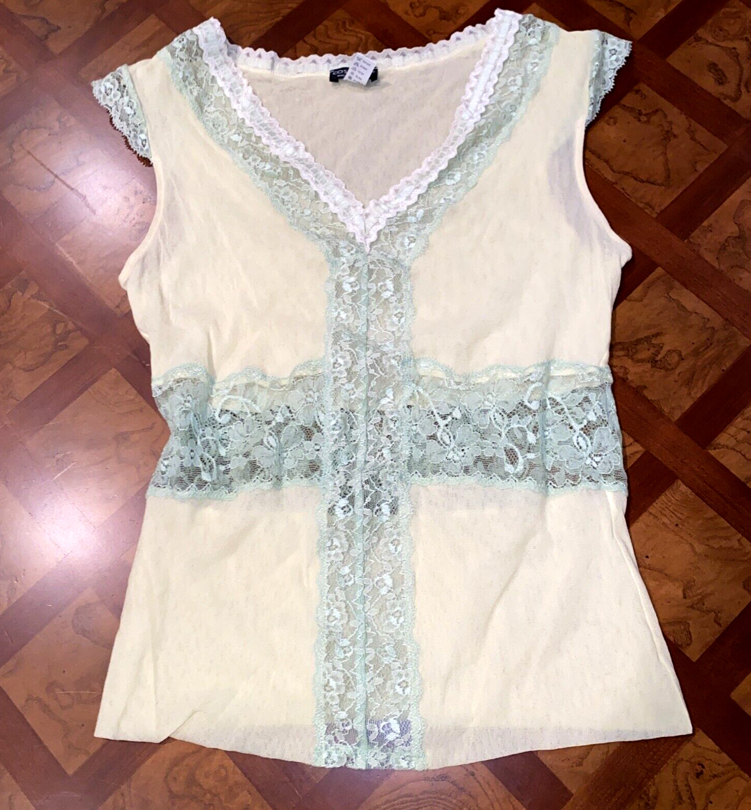 Cosabella Italy Y2K Vintage Lemon Sheer Mesh Green Lace Cami Baby Tee Top M NWOT