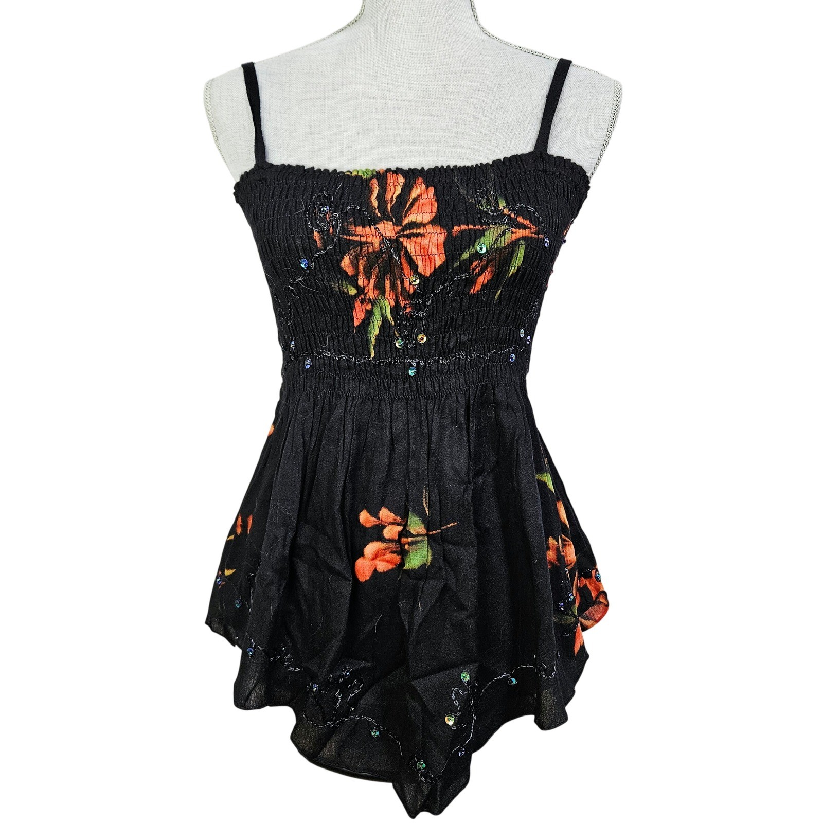Boho Y2K Black Floral Smocked Sequin Camisole Top S Fairycore Beachy Festival
