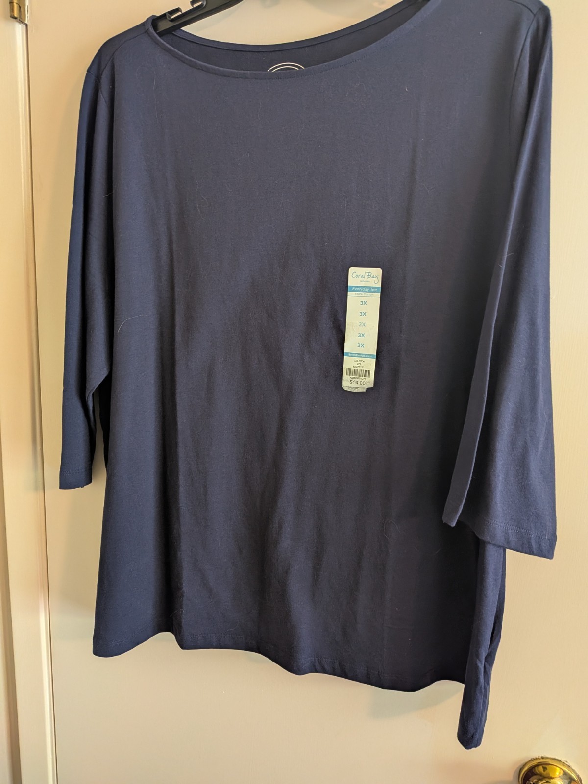 Coral Bay 3X Dark Blue 3/4 Sleeves Everyday Top Ladies NEW