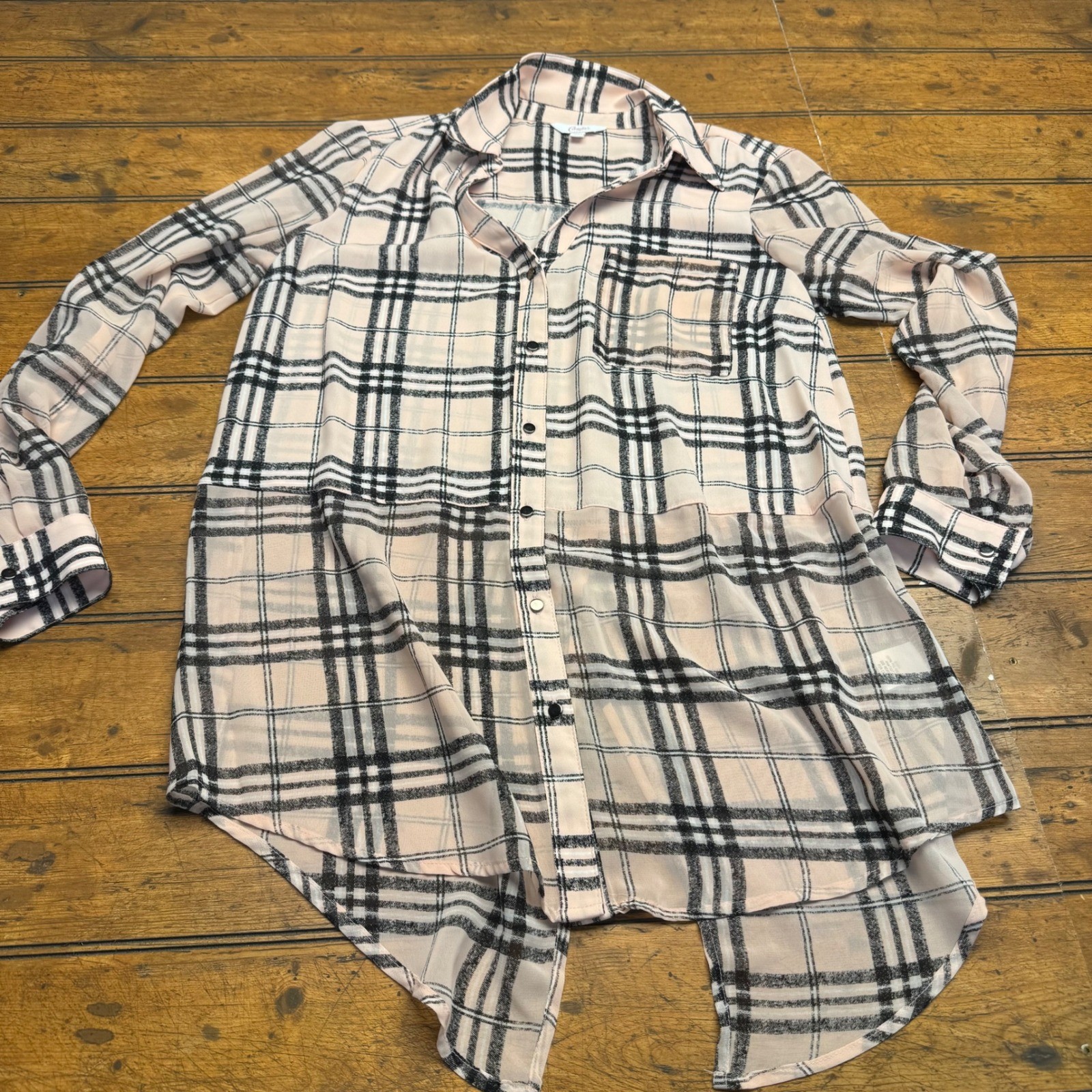 Candies Pink Black White Plaid Long Sleeve Button Up Shirt Tunic Top Women M