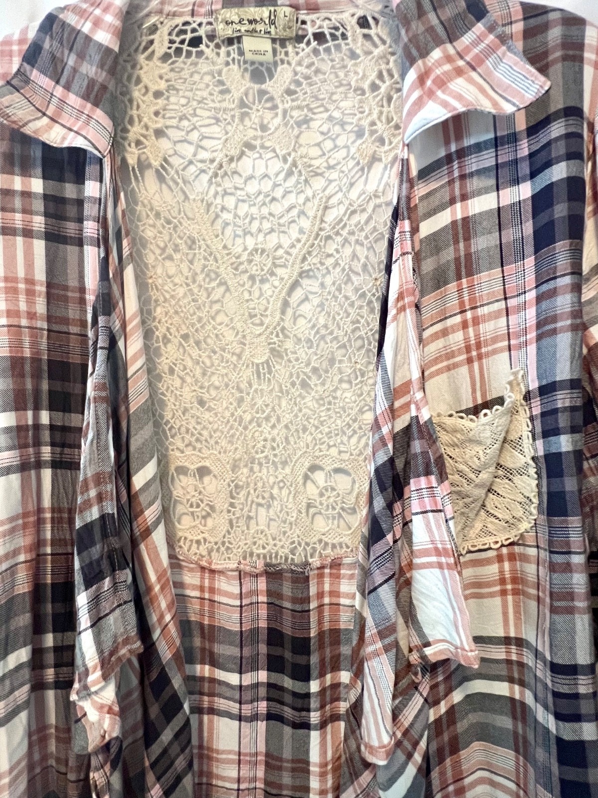 One World Plaid Lace Kimono Style Shirt Button Up Sleeves Size Large
