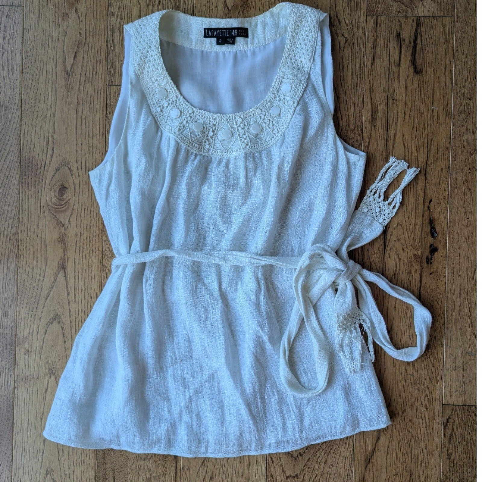 Lafayette 148 Sleeveless Top Cream Linen Crochet Shell Button Belted Womens 4
