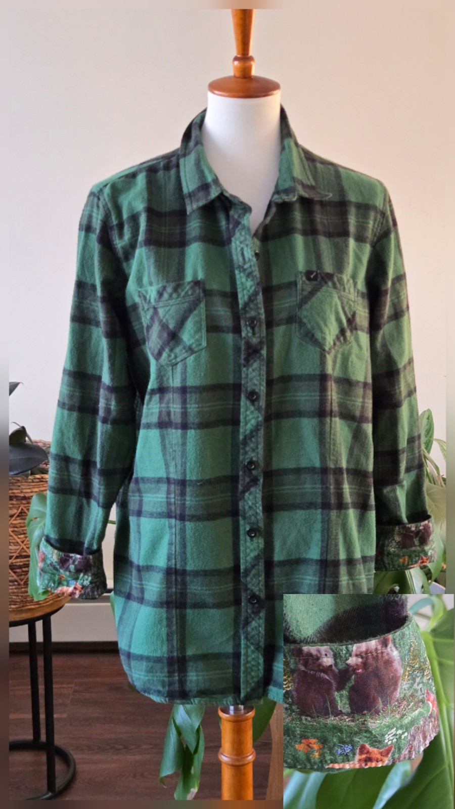 Pladra Flannel Shirt Green Plaid Fox Bear Cuffs Long Sleeves Women’s XL