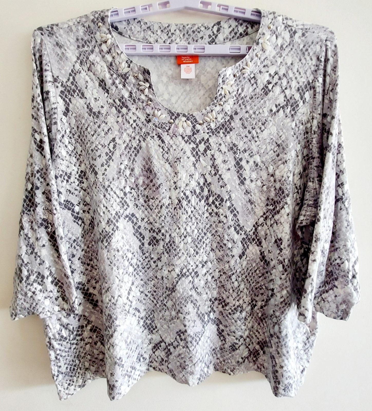 HEARTS OF PALM Womens 3X Gray Snake-print Stretchy Uneck Pullover Blouse