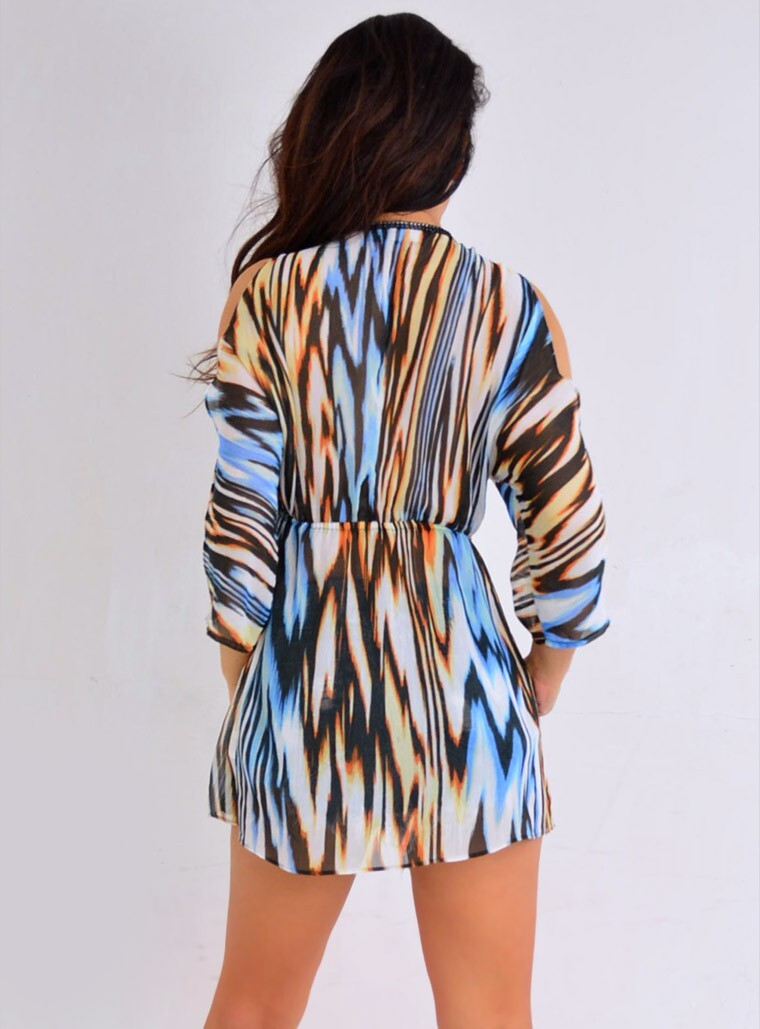 Allen B Blue Black Yellow Orange Studded Blouse Shirt Top S Small