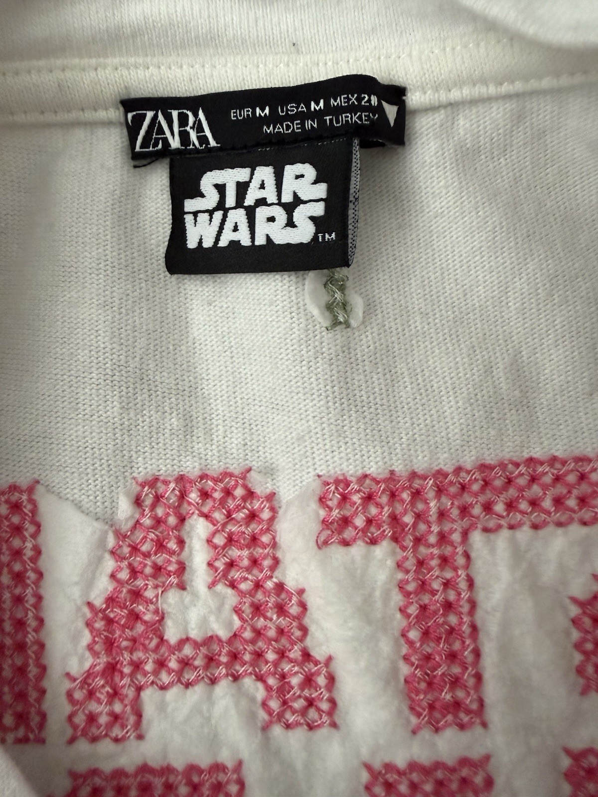 Zara Star Wars Tee with Pink Logo & Green Grogu Cross-Stitch Medium