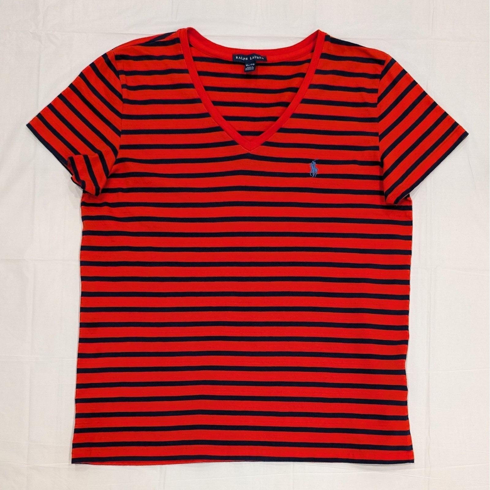 Ralph Lauren T-Shirt Cotton Red Navy Blue Striped V-Neck Pony Nautical Preppy XL